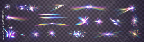 Light effect of rainbow retro film for use over photos as an overlay or screen filter.  Transparent refractive elements reflecting the rainbow crystal. Vector illustration.
