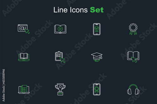 Set line Headphones, Online education with diploma, Award cup, quiz, test, survey, book, Graduation cap globe, and class icon. Vector © Iryna