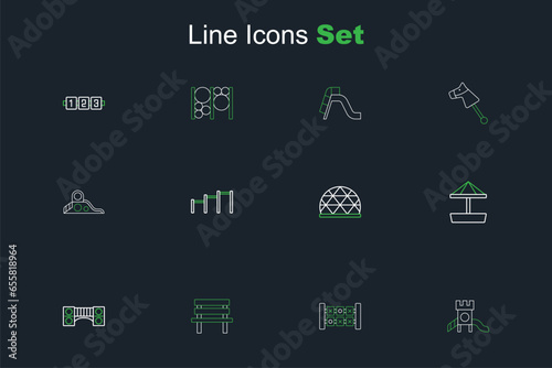 Set line Slide playground, Education logic game, Bench, Playground kids bridge, Sandbox with sand, climbing equipment, Sport horizontal bar and icon. Vector