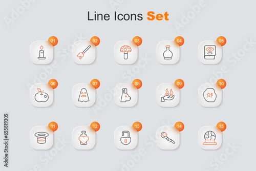 Set line Magic ball, staff, Open padlock, Bottle with love potion, hat, runes, Hand holding fire and Rabbit ears icon. Vector