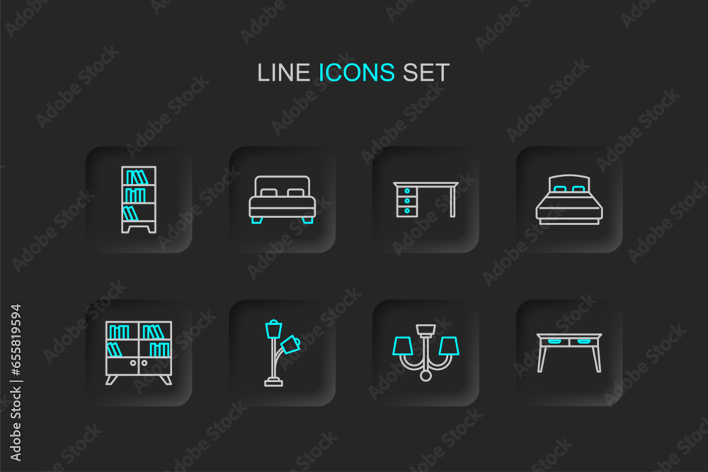Set line Office desk, Chandelier, Floor lamp, Library bookshelf, Big bed, and Lamp hanging icon. Vector Set line Office desk, Chandelier, Floor lamp, Library bookshelf, Big bed, and Lamp hanging icon. Vector