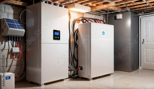 Home battery energy storage system in the basement of a house, generative ai