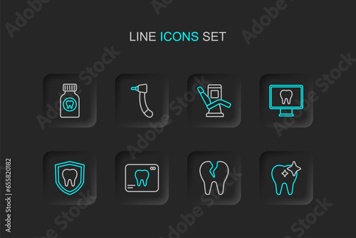 Set line Tooth whitening, Broken tooth, X-ray of, Dental protection, Online dental care, Medical chair, drill and Toothache painkiller tablet icon. Vector