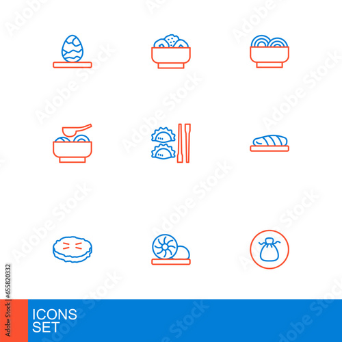 Set line Wonton, Xiao long bao, Homemade pie, Fish steak, Ramen soup bowl, Dumpling with chopsticks, Asian noodles and Chow mein plate icon. Vector