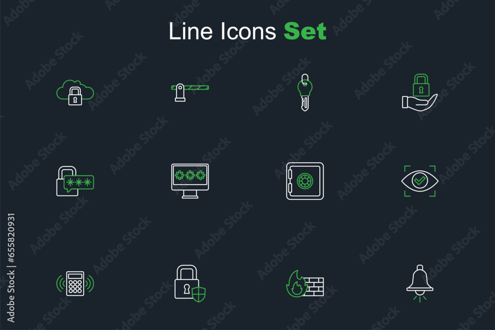 Set line Ringing alarm bell, Firewall, security wall, Shield with lock, Security keypad access panel, Eye scan, Safe, Monitor password and Cyber icon. Vector Set line Ringing alarm bell, Firewall, security wall, Shield with lock, Security keypad access panel, Eye scan, Safe, Monitor password and Cyber icon. Vector