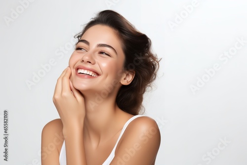 beautiful woman smiling touching her face imagen stock white background 