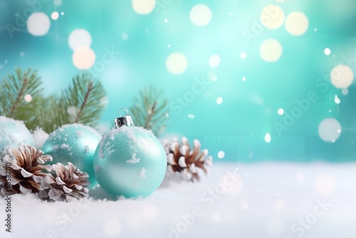 Beautiful gentle composition for Christmas card, congratulations with sprig of fir tree with toys and with drifts of snow on light turquoise background 