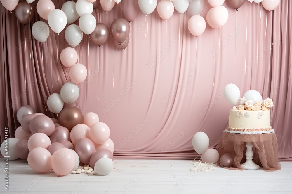Obraz premium cinematic Digital backdrop featuring luxurious dusky pink drapery and paneled walls room with a gigantic bowl of dusky pastel coloured soft-whipped ice-cream 