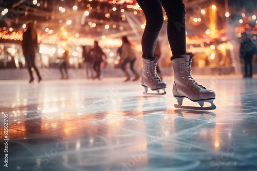 Many people skate on ice indoors, closeup view, global illuminations