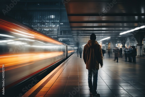Long exposure picture with lonely young man shot from behind at subway station with blurry moving train and walking people in background © Nate