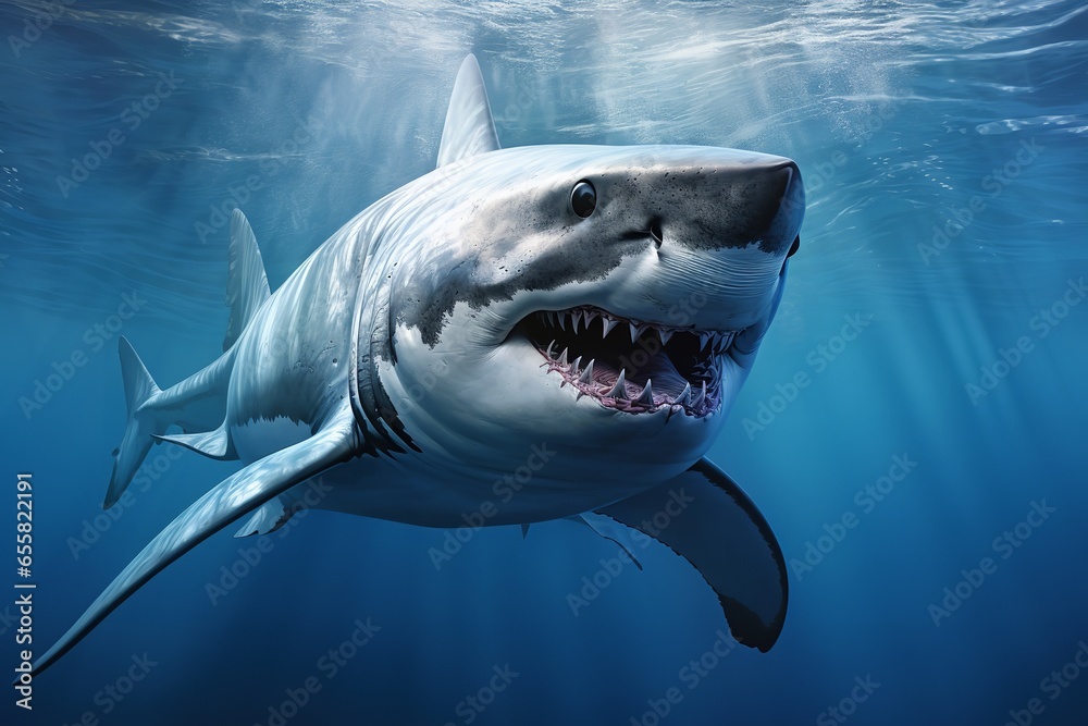 Naklejka premium white shark, in blue water, scars