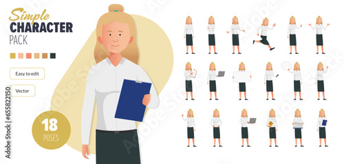 Simple flat female business woman vector character in a set of multiple poses. Easy to edit and isolated on a white background. Modern trendy style character mega pack with lots of poses.