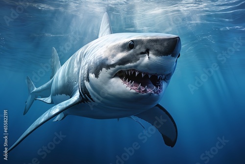 white shark, in blue water, scars
