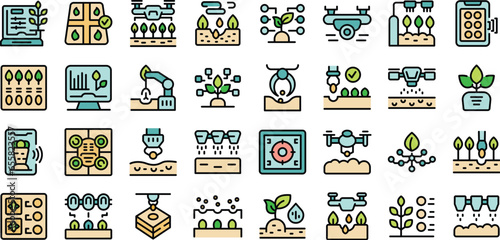 Automated plant seeding icons set outline vector. Nature farm. Plant innovation thin line color flat on white