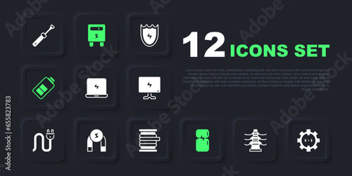 Set Electric tower line, Electrical outlet, Laptop, Refrigerator, Battery charge, Magnet, meter and Wire electric cable on reel icon. Vector