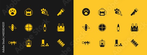 Set Flashlight, Camping lantern, Bullet, Cartridges, Sniper optical sight, Paw search, and Hiking backpack icon. Vector