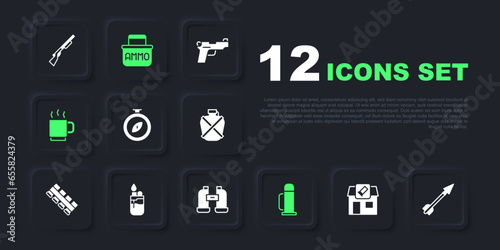 Set Hunting shop, Medieval arrow, Compass, Thermos container, Coffee cup, Lighter, Ammunition box and Binoculars icon. Vector