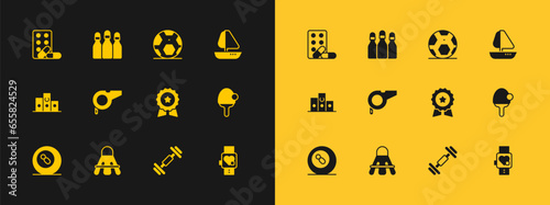 Set Yacht sailboat, Badminton shuttlecock, Medal with star, Dumbbell, Whistle, Soccer football ball, Sports doping dumbbell and Bowling icon. Vector