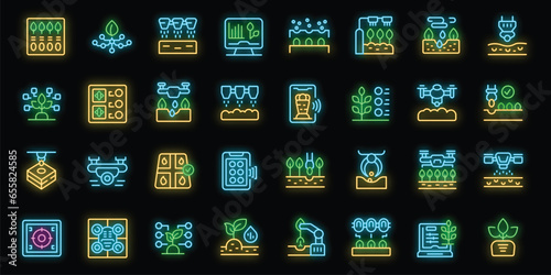 Automated plant seeding icons set outline vector. Nature farm. Plant innovation neon color on black