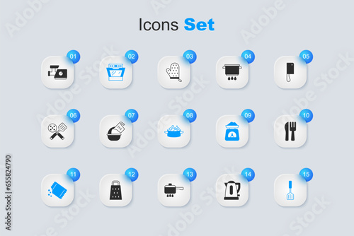 Set Electric kettle, Measuring cup and bowl, Oven, Packet of pepper, Spatula, Crossed knife fork, Kitchen meat grinder and Cooking pot icon. Vector photo