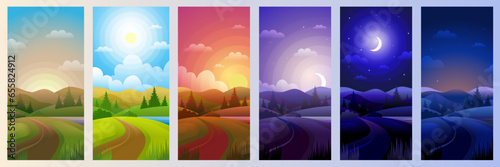 Day parts. Landscape in night morning noon sunset background recent vector cartoon template photo