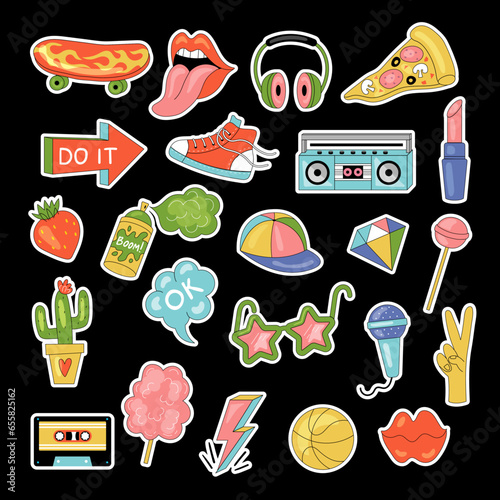 Retro stickers. Teenage colored sticky patches comic pictures for packages recent vector cartoon set