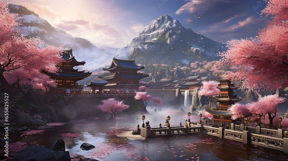 Cherry Blossom Fetes blending with tranquil monk temples overlooking mountain landscapes, with awe-inspiring scenery 
