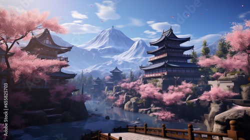 Cherry Blossom Fetes intertwined with peaceful monk temples nestled in mountain beauty, offering breathtaking vistas & temples donning traditional garb & traditional samurai.
