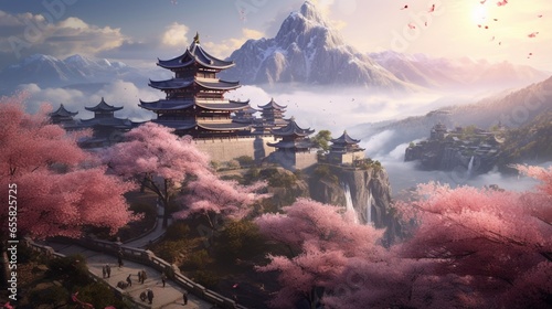 Cherry Blossom Galas harmonizing with peaceful monk temples on lofty mountains, offering mesmerizing views 