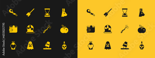 Set Rabbit with ears, Ghost, Magic wand, Game thimbles, ball, Old hourglass, staff and Witches broom icon. Vector