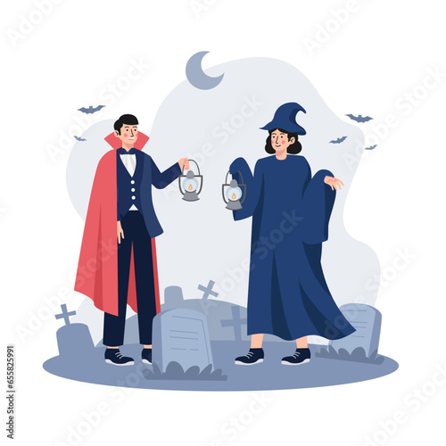 Couple dressed as demons near tombstone character illustrationA couple wearing dressed demons near a tombstone 
