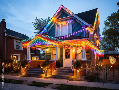 A Cute House Adorned with Rainbow-Colored Lights