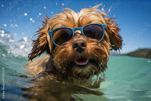 a dog on vacation swims in the water in sunglasses,funny little dog swims in the water on the sea,generative ai © retbool