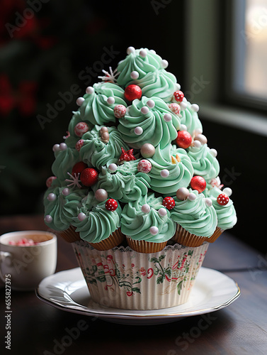 Cup cake with green whipped cream decorated as christmas tree