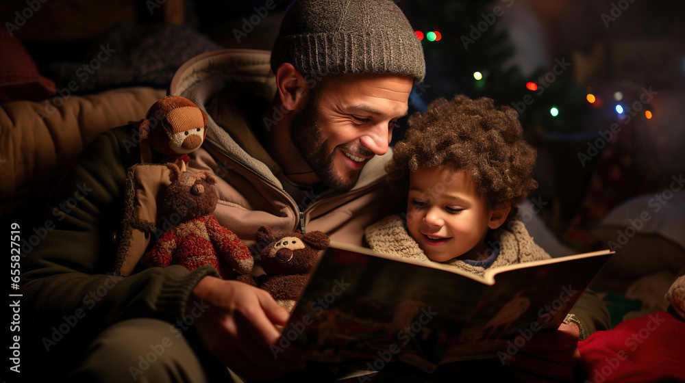 Dad reading a bad time story to his son Dad reading a bad time story to his son