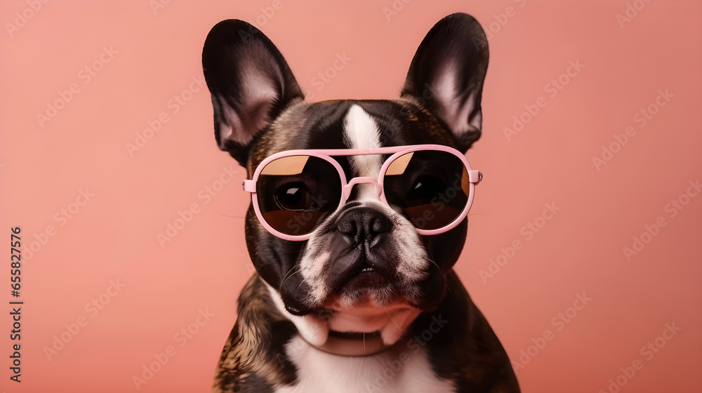 Portrait of a funny dog with sunglasses on a pink background. Travel preparation and planning. Close-up, indoors. Studio photo, isolated background. recreation, travel and tourism Concept. Pets care