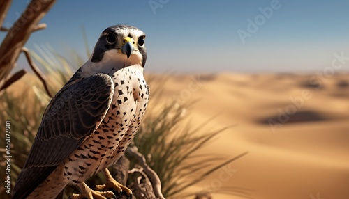 Peregrine falcon sitting on a branch in the desert photo