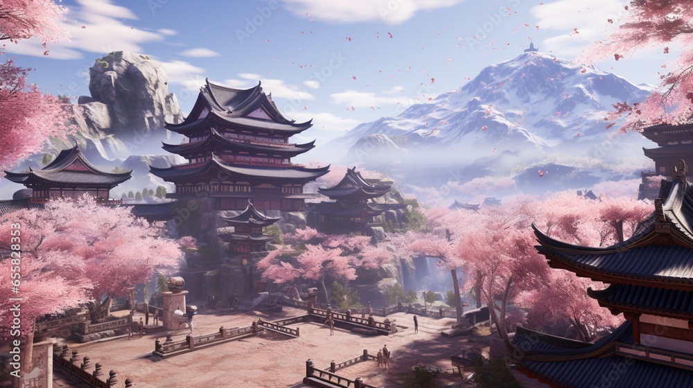 Serene Cherry Blossom Festivities by tranquil monk temples perched on mountain peaks with breathtaking vistas & temples donning traditional garb & traditional samurai 