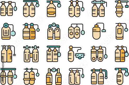 Diving cylinders icons set outline vector. Submarine bottle. Oxygen water thin line color flat on white