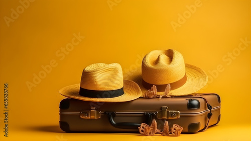 Suitcase with hat isolated on yellow background with copyspace. summer, travel and vacation concept