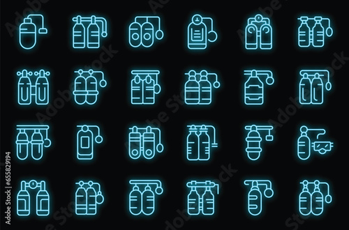Diving cylinders icons set outline vector. Submarine bottle. Oxygen water neon color on black