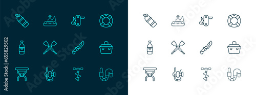 Set line Lifebuoy, Spinning reel for fishing, Knife, Hand ice drill, Crossed oars paddles boat, Swiss army knife, Aqualung and Fisherman icon. Vector