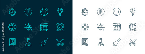 Set line Unknown search, Test tube, School timetable, Ringing bell, Trigonometric circle, Earth globe, Stopwatch and Exam paper with incorrect answers icon. Vector