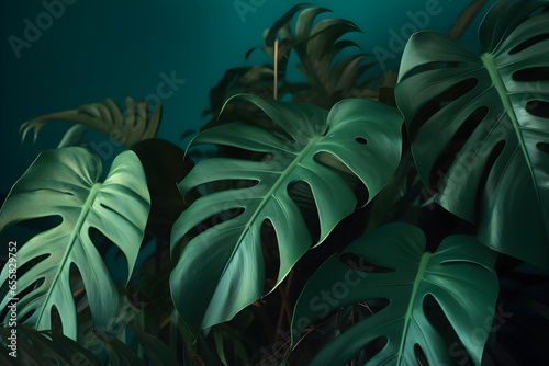Tropical jungle green leaves background, Monstera Deliciosa leaf on wall with dark toning, nature floral forest plant pattern concept background, close up