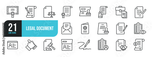 Set of line icons related to legal documents, permission, grant, declaration. Outline icons collection. Editable stroke. Vector illustration.