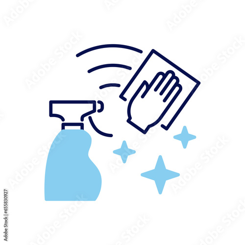 Cleaning related vector icon. Disinfectant Spray and Hand with a Wipe Surface. Clean sign. Isolated on white background. Editable vector illustration