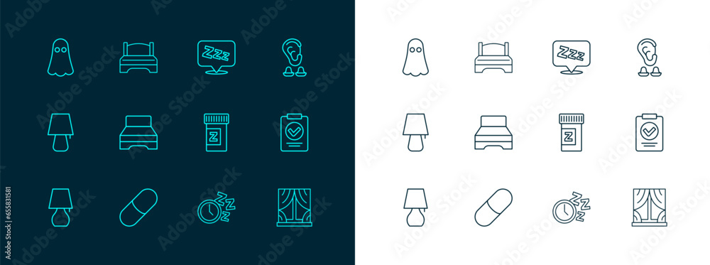 Set line Earplugs and ear, Sleeping pill, Alarm clock, Big bed, Sleepy, Ghost and icon. Vector Set line Earplugs and ear, Sleeping pill, Alarm clock, Big bed, Sleepy, Ghost and icon. Vector