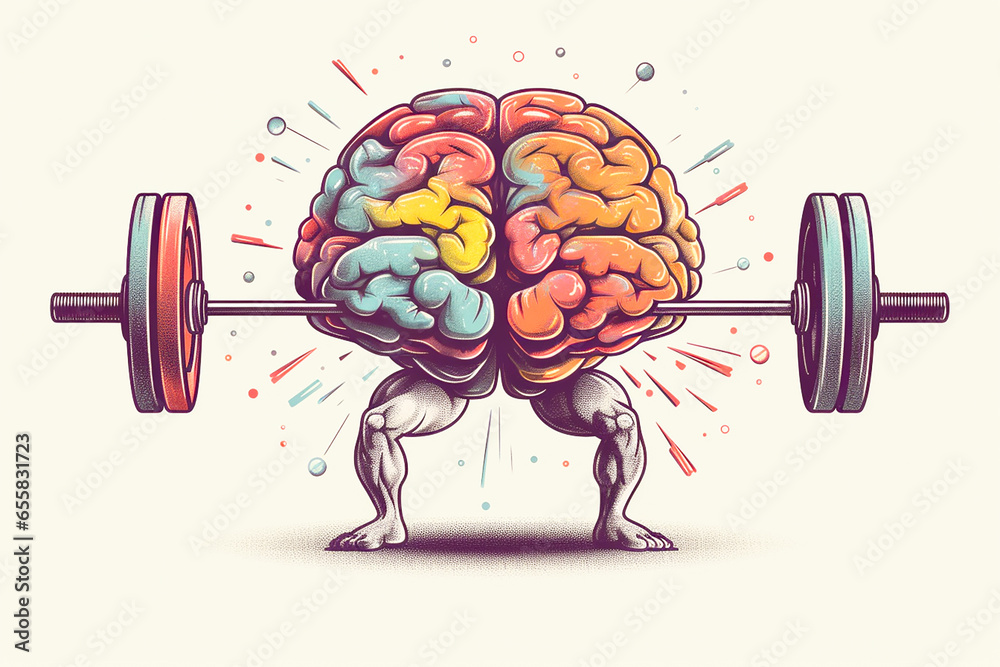 Brain exercising muscles, lifting heavy weights in gym - concept of studying, learning or mental growth - obrazy, fototapety, plakaty 