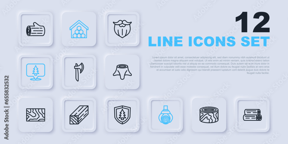 Set line Wooden logs, axe, Grapple crane grabbed, Location of the forest, beam, and Shield with tree icon. Vector Set line Wooden logs, axe, Grapple crane grabbed, Location of the forest, beam, and Shield with tree icon. Vector