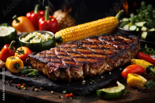 Fiery Grilled Meats and Fresh Vegetables on Black Background: Juicy BBQ Steak, Chicken, Pineapple, and Peppers delicious, AI Generated